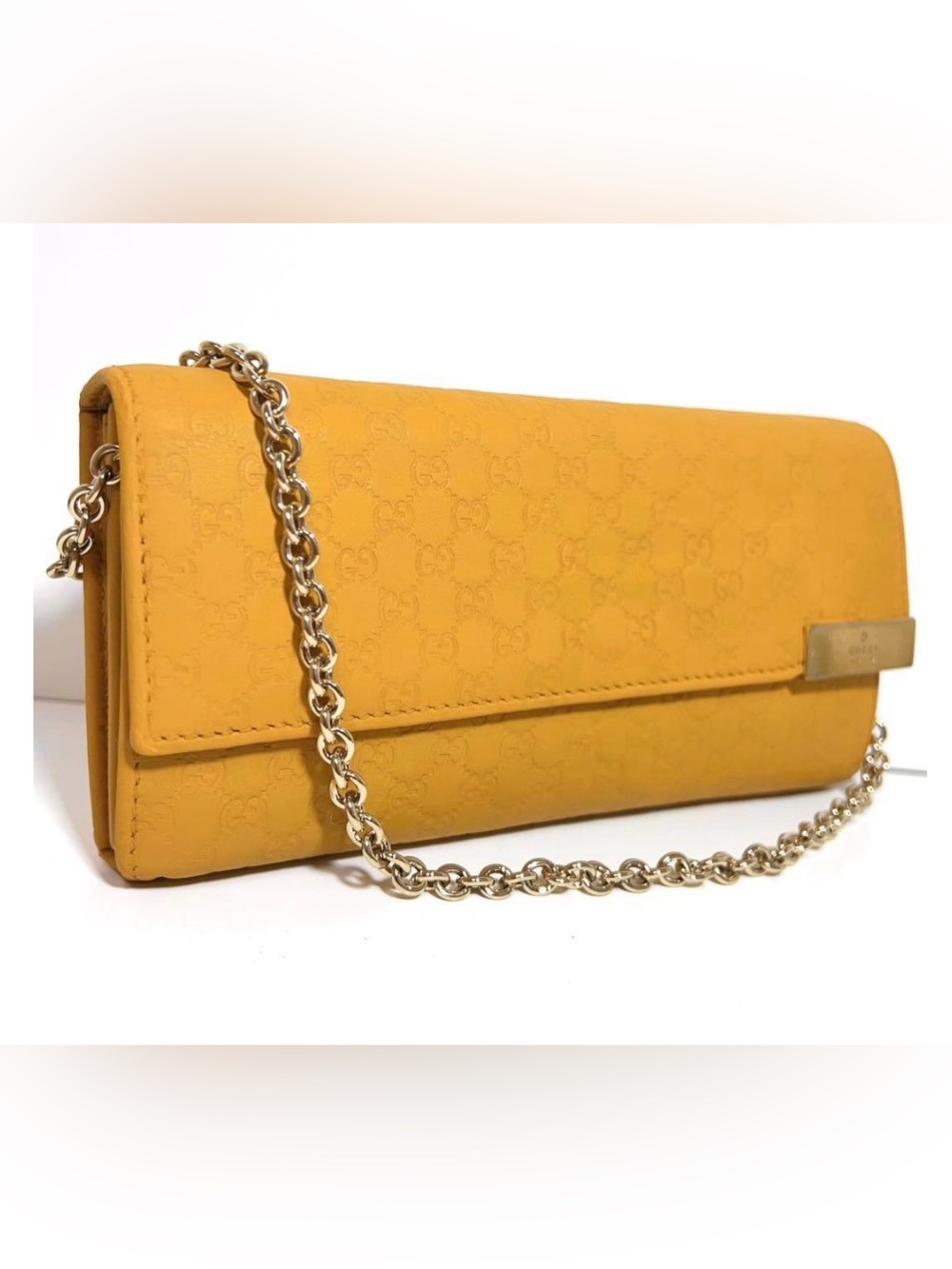 Gucci Mustard Yellow GG Embossed Chain Clutch